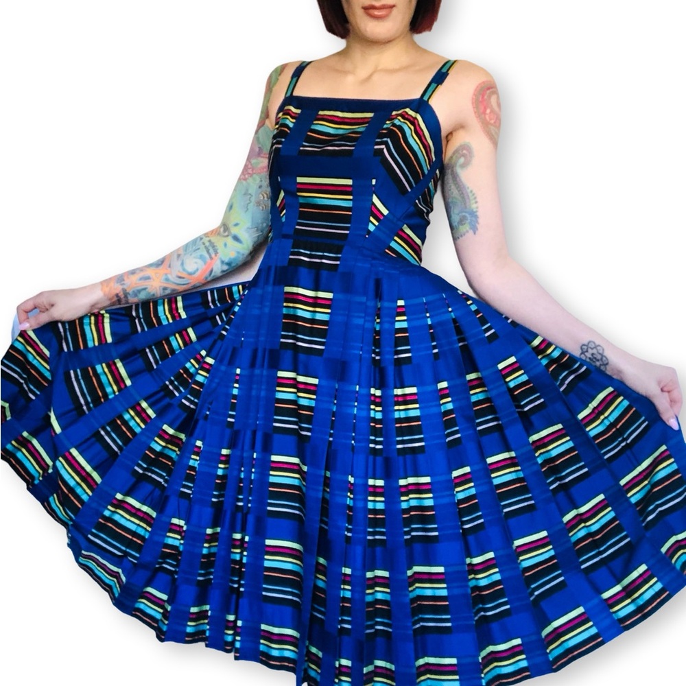 Vintage 1950s 50s Rainbow Striped Blue Cotton Pleated Dress Sundress Small